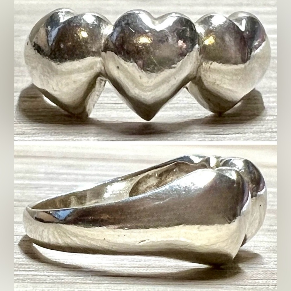 Vintage Handmade Sterling Silver Triple Heart Band Ring, Size 5.75, 3.2g